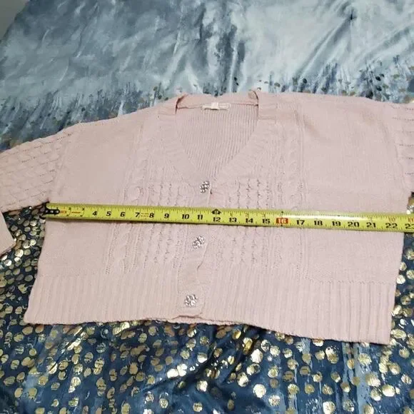 𝅺Cute New with tags Pink Cable Knit K-Pop Cardigan Top with Crystal Buttons M - Picture 2 of 4